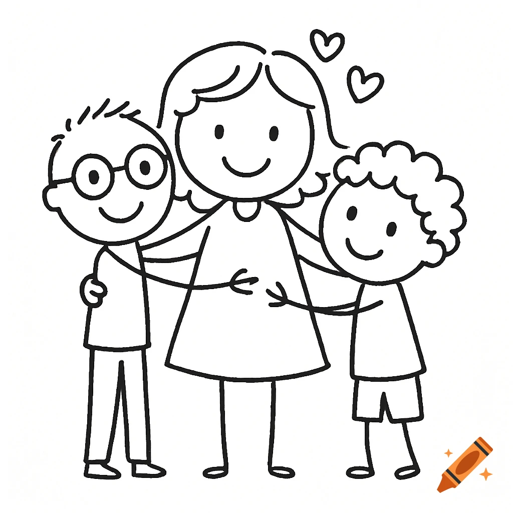 Black and white stick figure drawing of a mother hugging two boys with hearts above their heads.