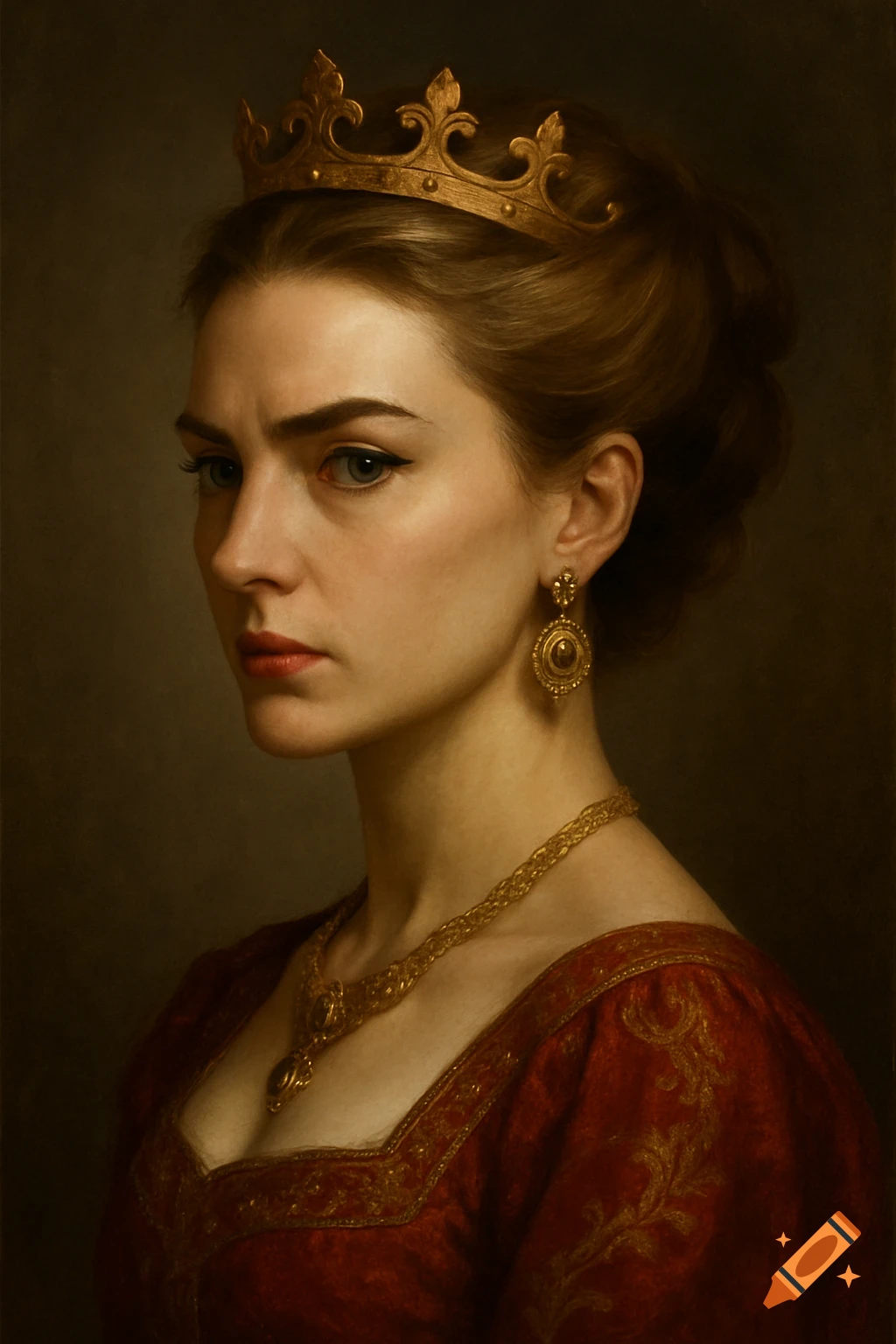 A portrait of a woman wearing a golden crown and red dress, in the style of a classical painting.