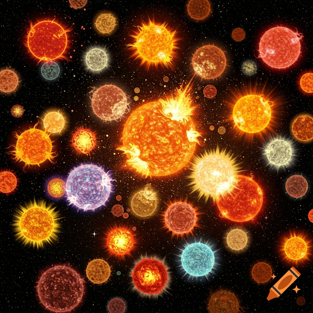 Numerous colorful suns and stars in deep space.