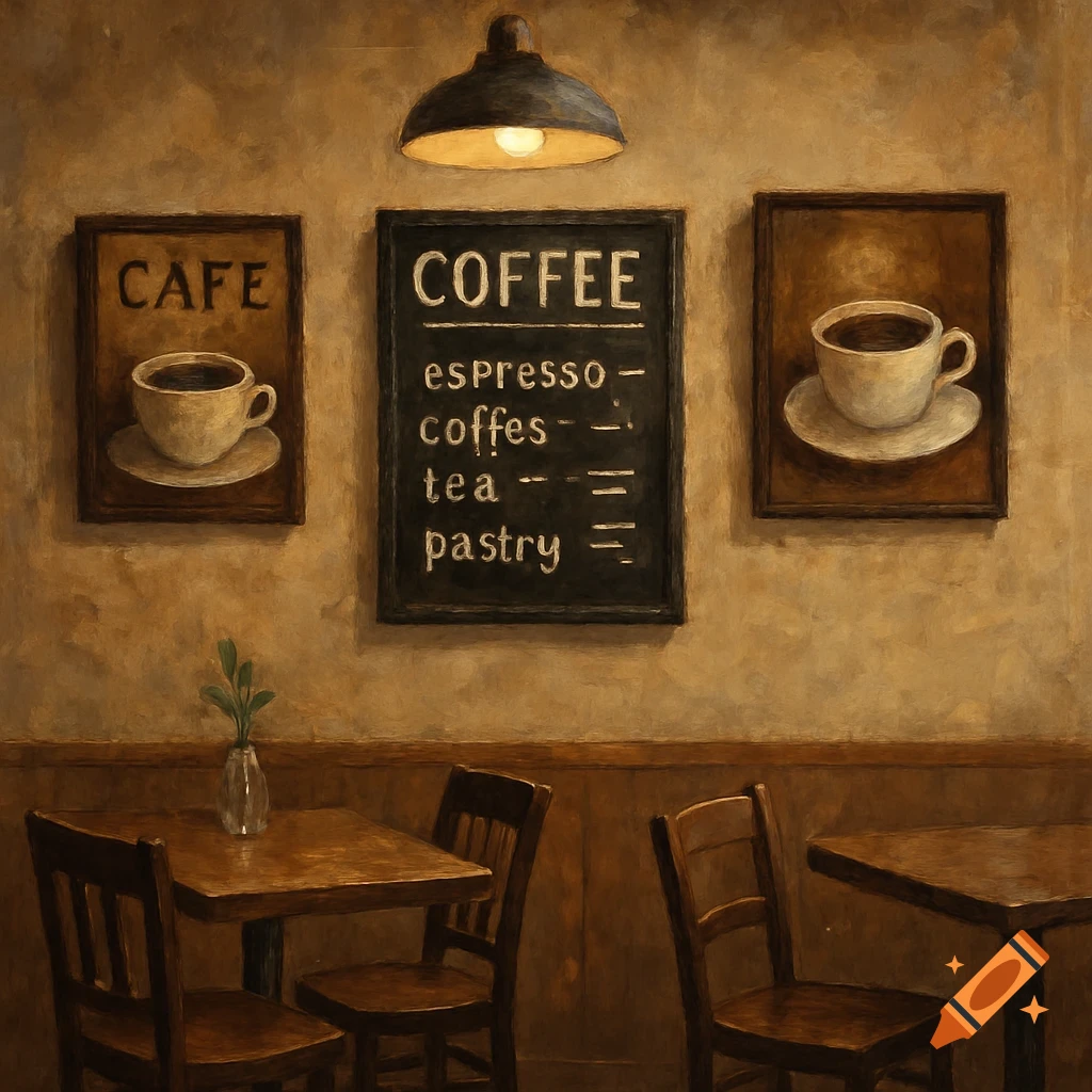 A cafe interior scene with signs on the wall and wooden tables and chairs, in a painterly style.