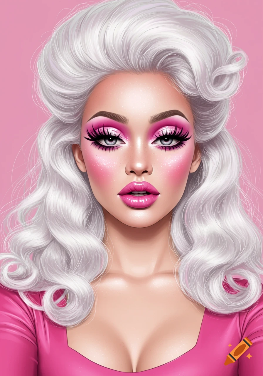 Stylized portrait of a woman with heavy pink makeup and voluminous white hair.