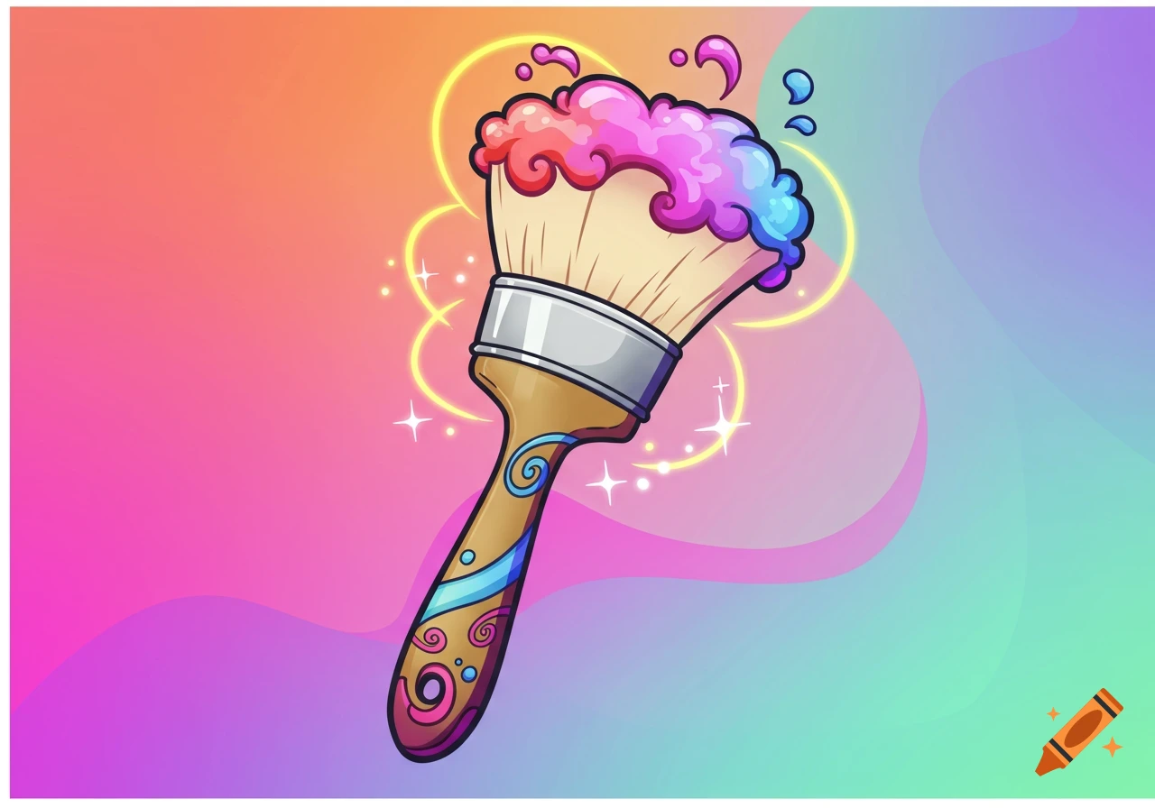 A cartoon magical paint brush with rainbow bristles and sparkles on a colorful gradient background.