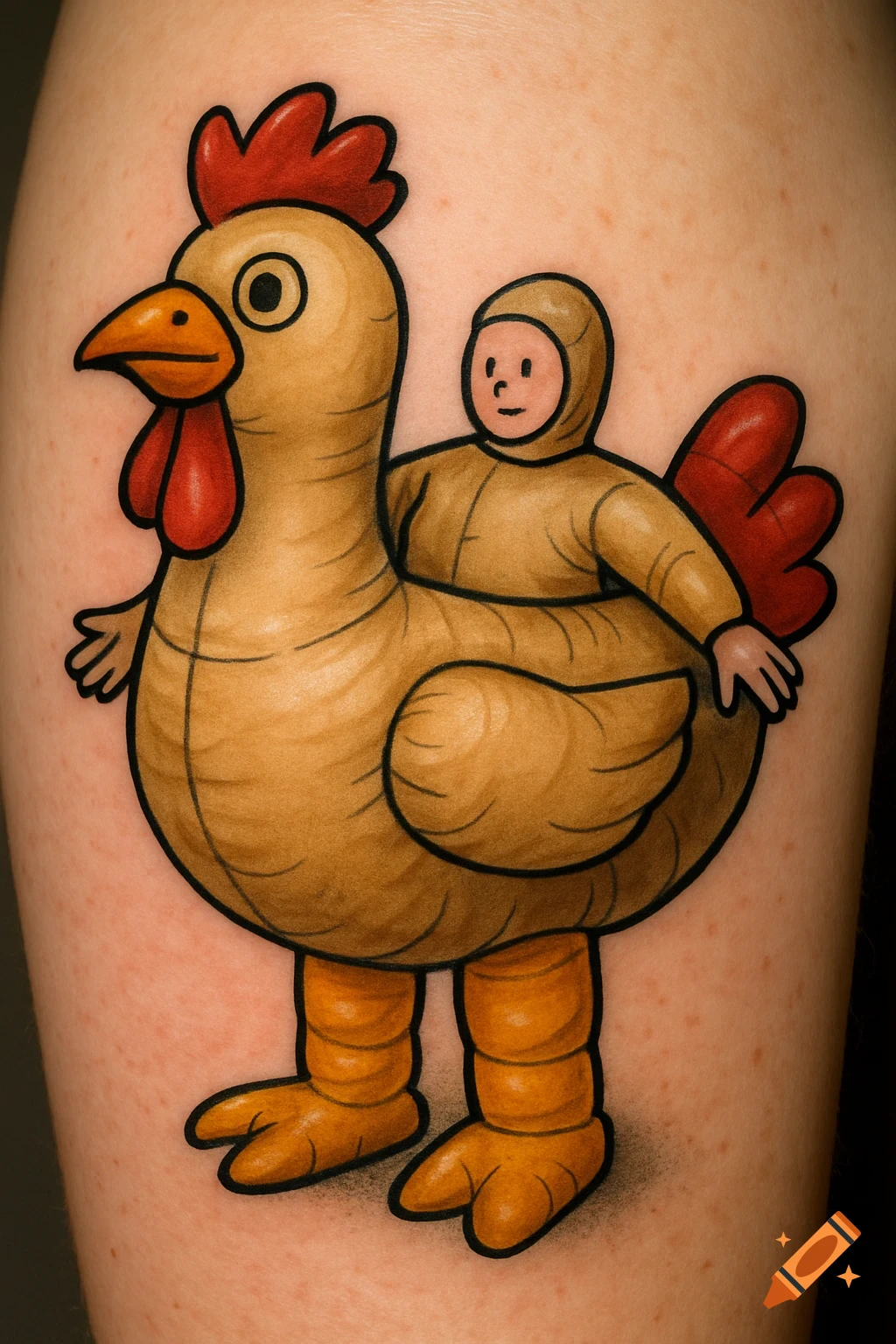 Cartoon tattoo of a person in an inflatable chicken costume.