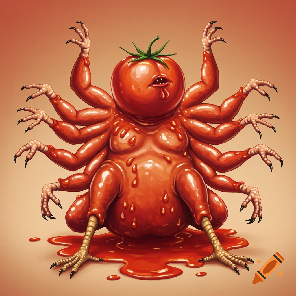 Surreal image of a tomato chicken creature with many arms sitting in red liquid.