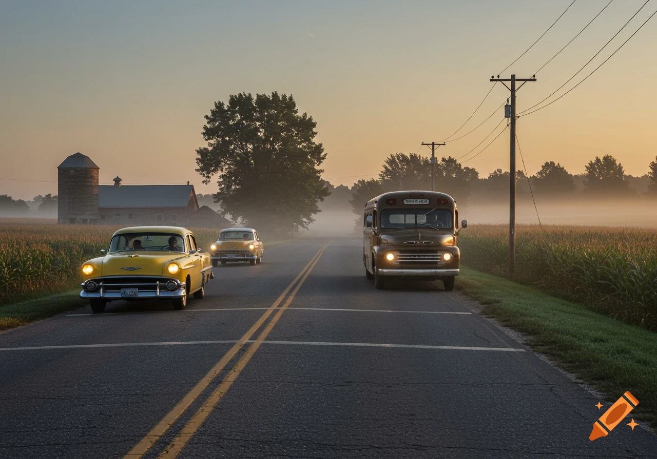 Two vintage yellow cars and a brown bus drive on a foggy rural road at dawn, with fields and a barn nearby.