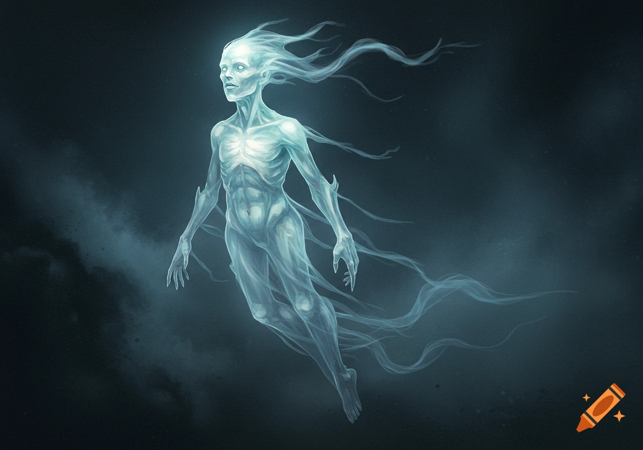 An illustration of a translucent, glowing ghost or spirit with flowing tendrils floating against a dark background.