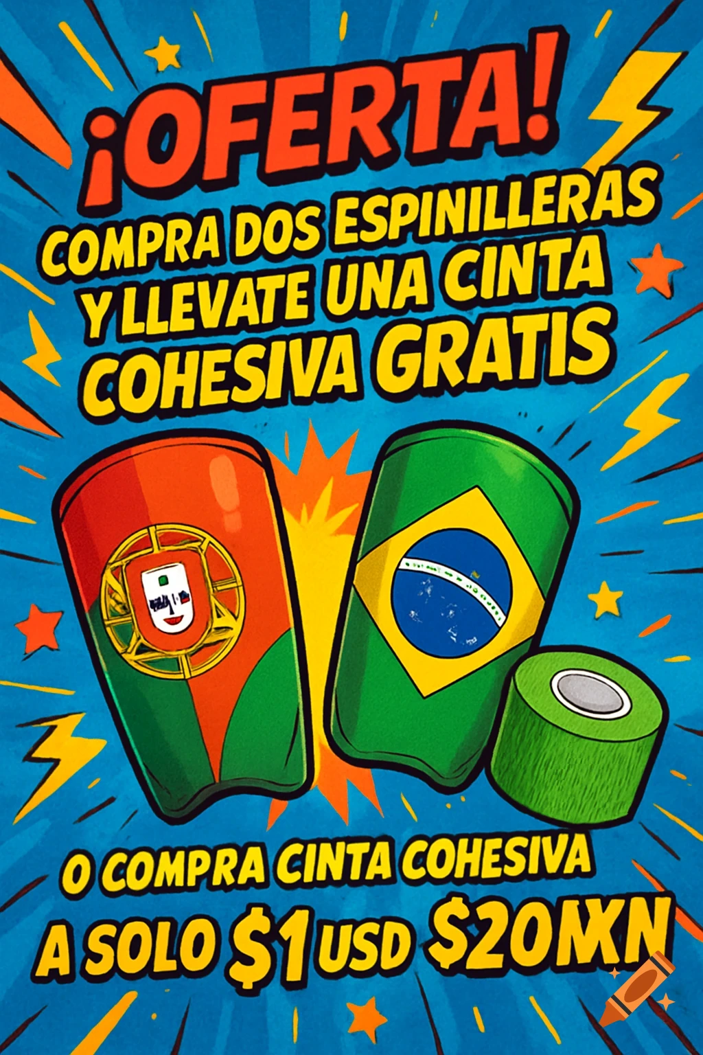 Animated sports promotion poster with Portugal and Brazil flag shinpads and tape, text about a special offer.