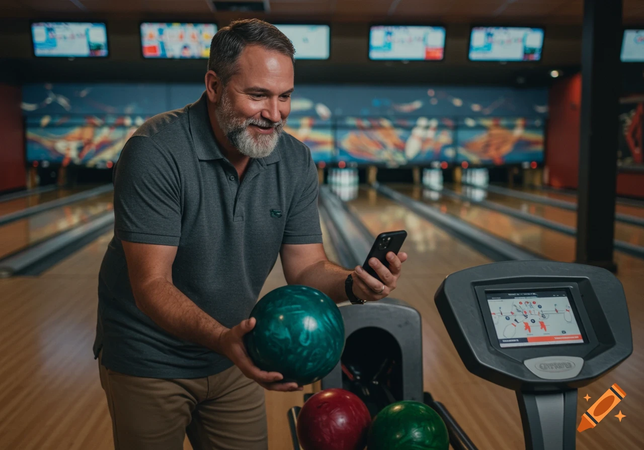 A man holds a bowling ball and looks at his phone in a bowling alley.