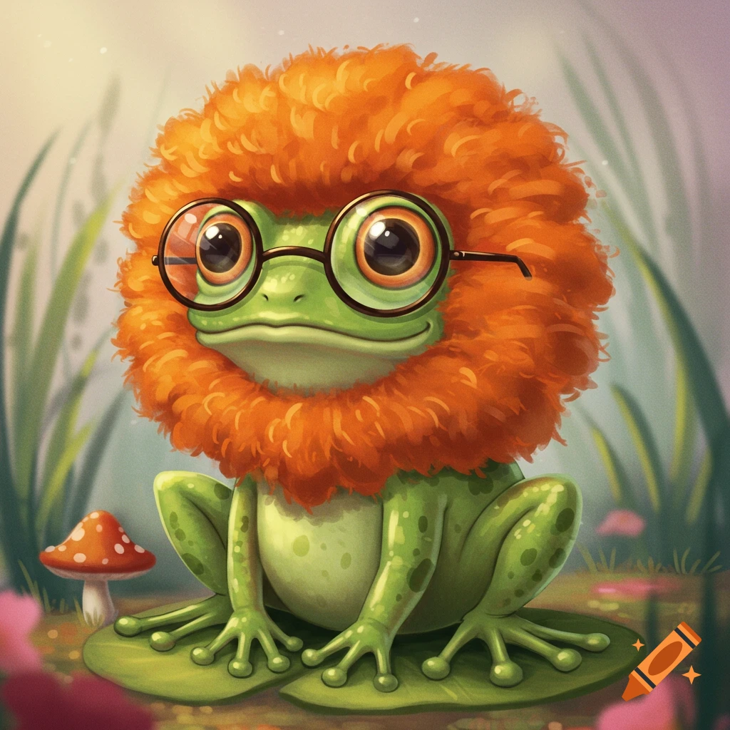 A cute illustration of a frog with orange curly hair and glasses on a leaf.