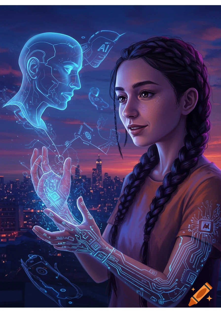 Young woman interacts with a glowing blue holographic head and circuit patterns over a city skyline at sunset.
