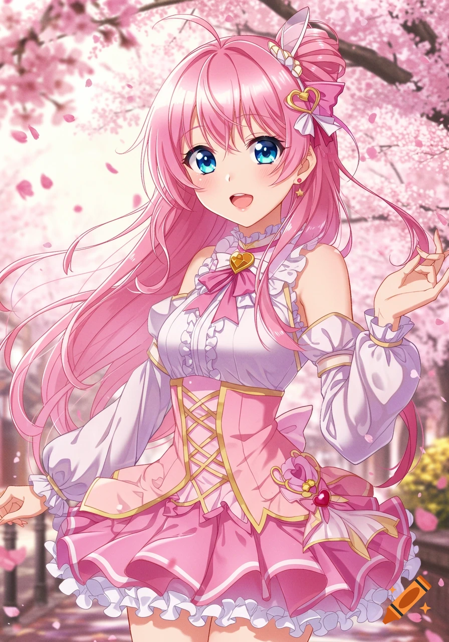 Anime girl with pink hair and blue eyes in a pink dress under cherry blossoms.