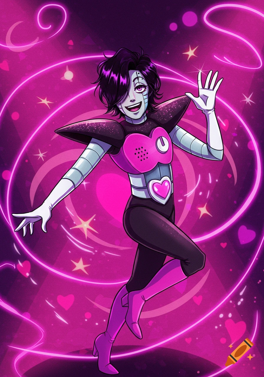 A pink robot character with black hair and pink boots stands in a pink vortex of hearts and stars.