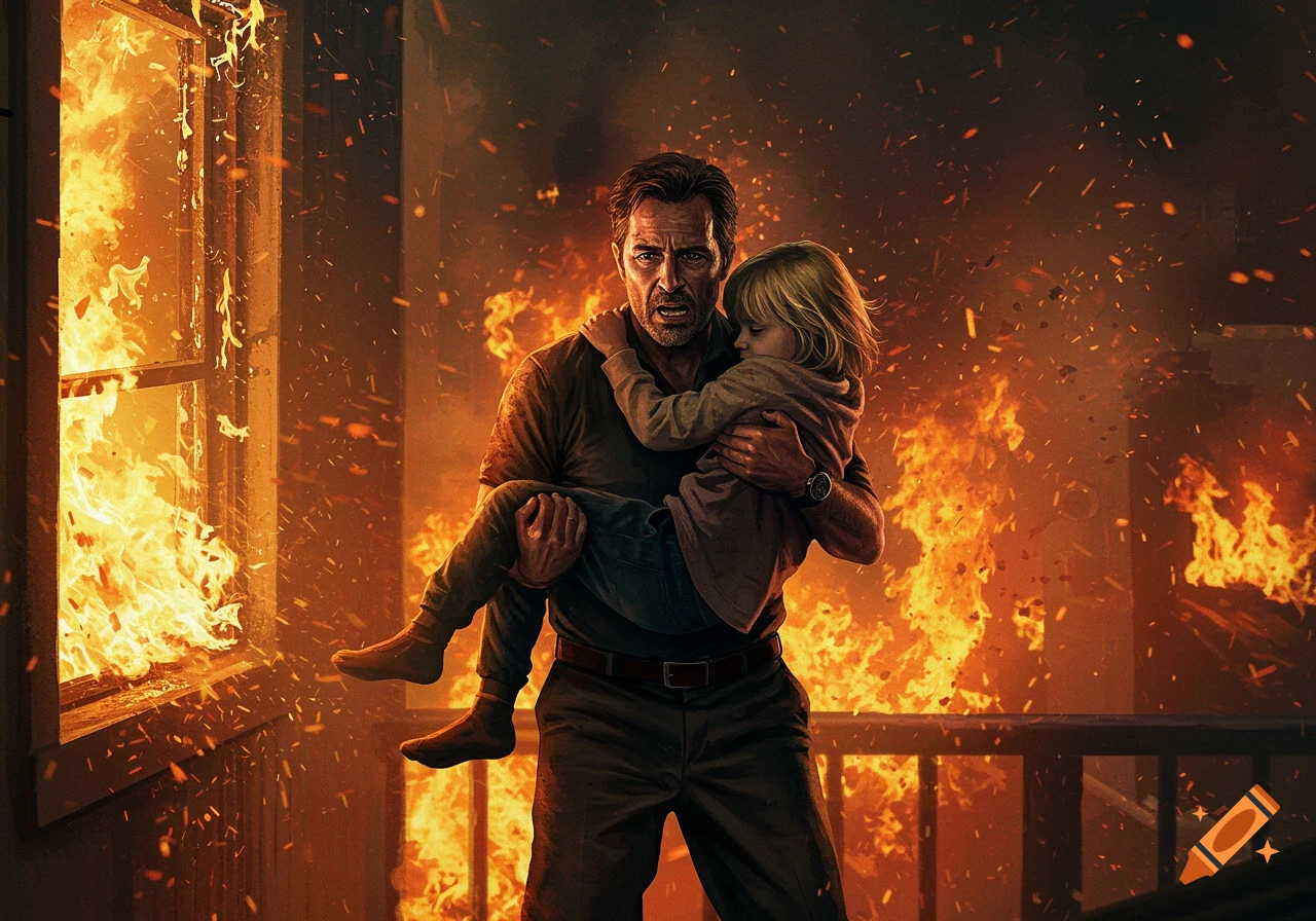 Man carries a child through raging fire in a dramatic illustration.