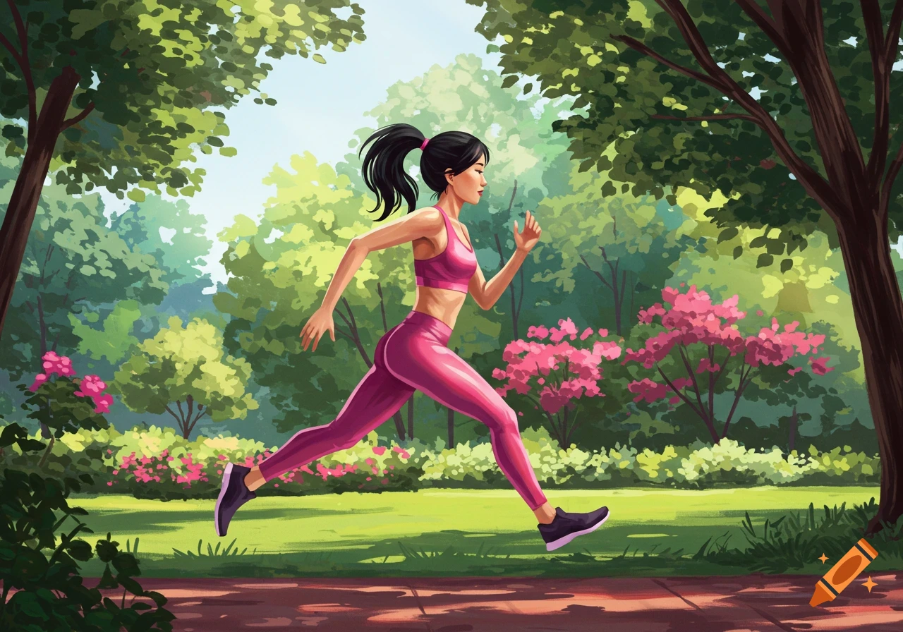Illustration of a woman running on a path through a park with trees and pink flowers.
