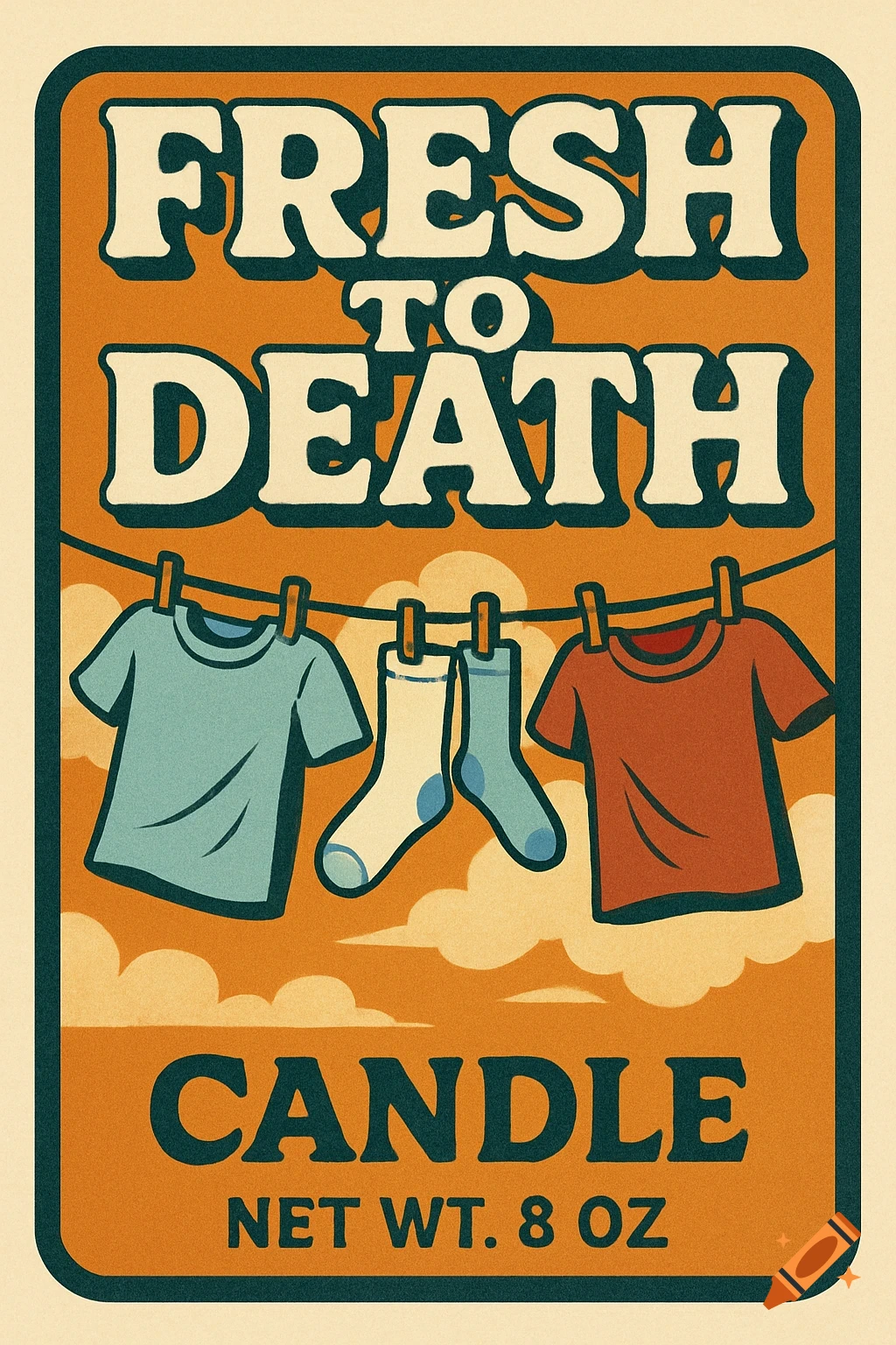 Retro style label for Fresh to Death candle featuring clothes hanging on a clothesline.