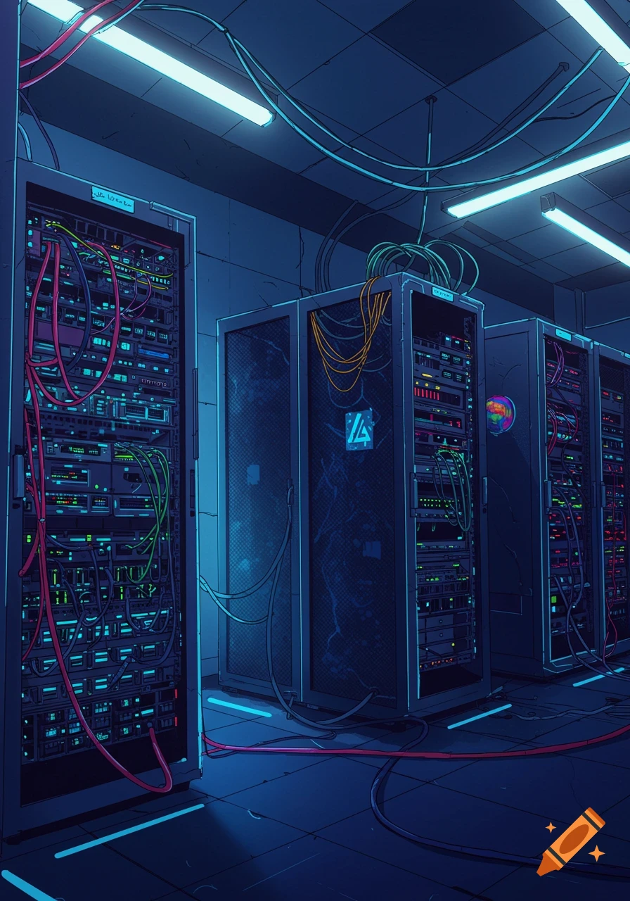 Stylized illustration of server racks in a dark room with colorful ...