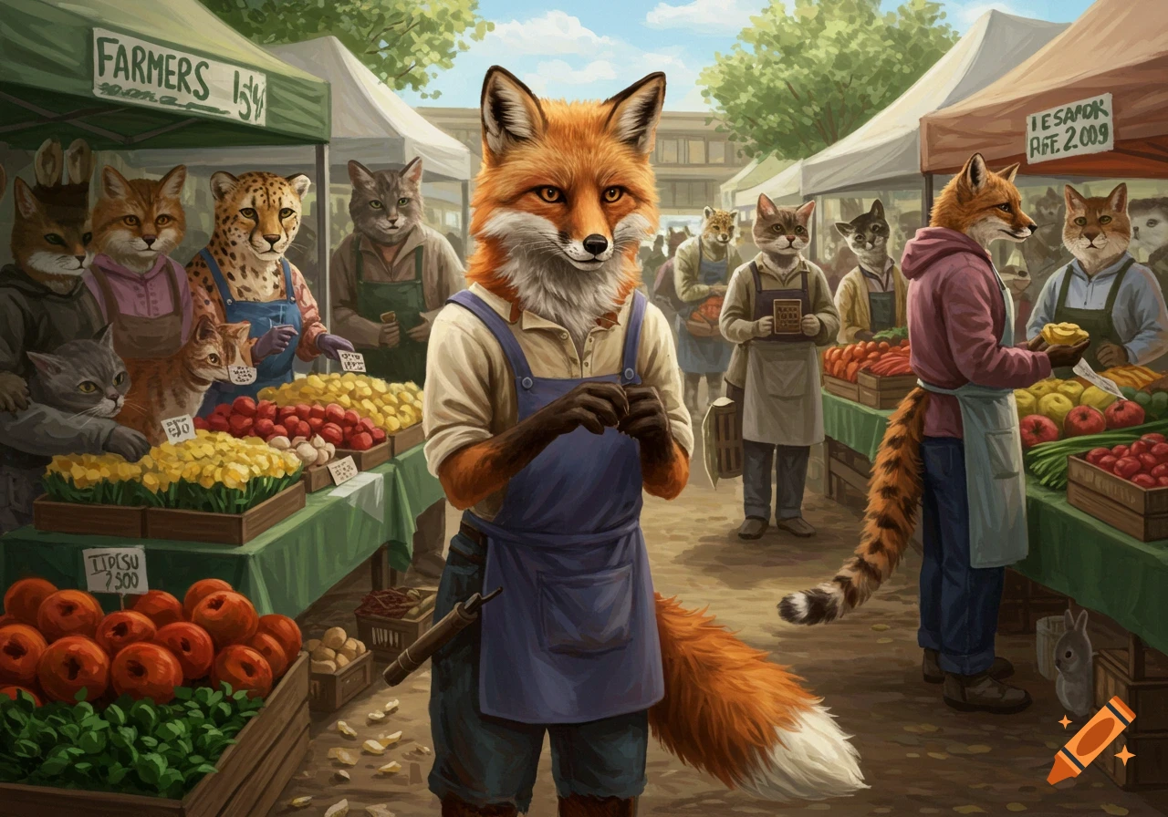 An anthropomorphic fox stands at a market stall with other animal characters selling produce.