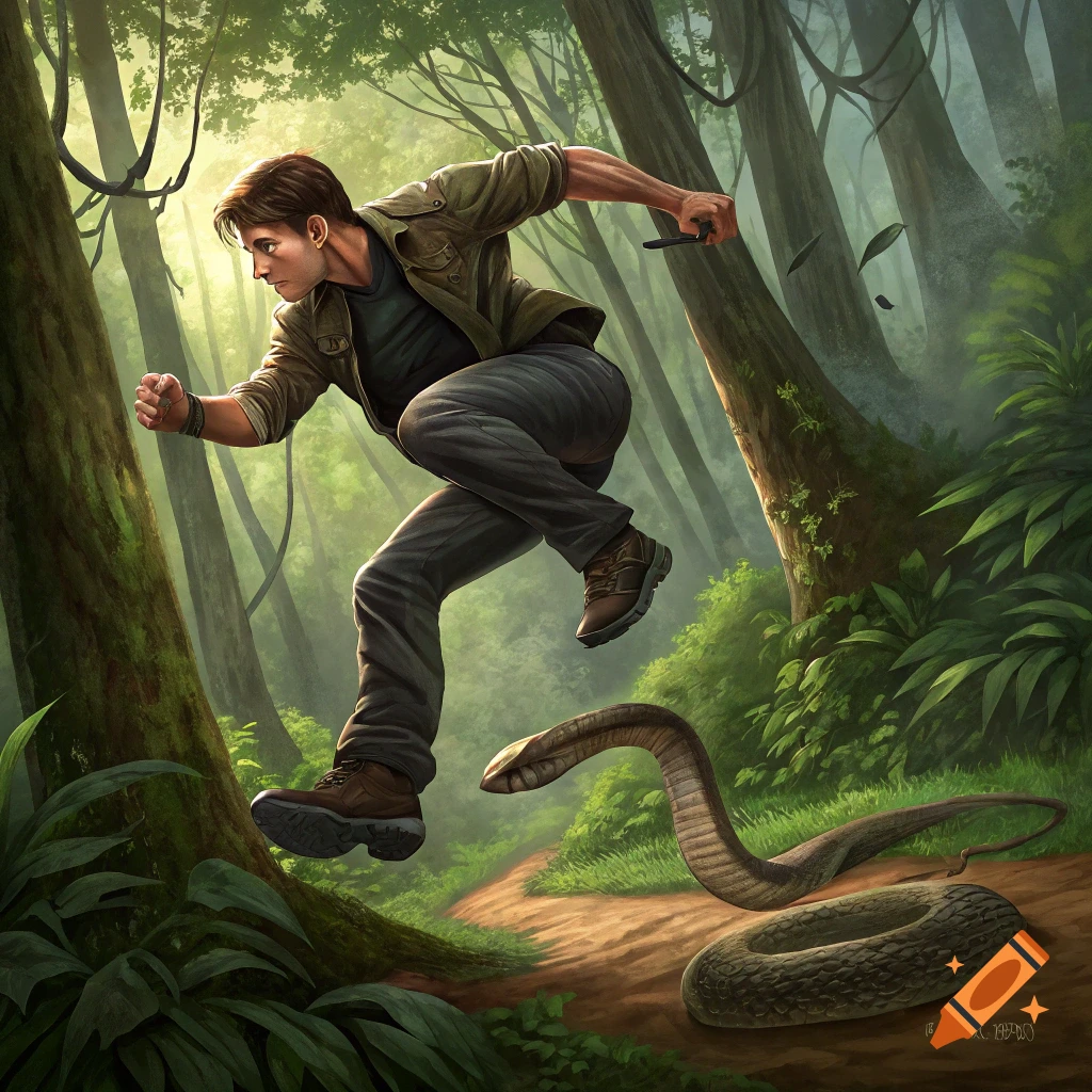 Man jumps over snake in a jungle path, digital painting.