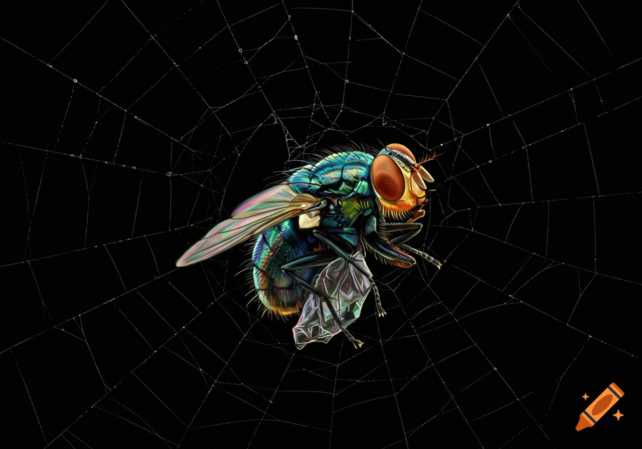 Close-up of a metallic green house fly caught in a spider web on black background.
