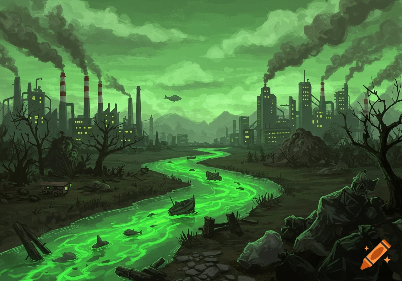 Illustration of a polluted industrial city with smoking factories and a green toxic river.