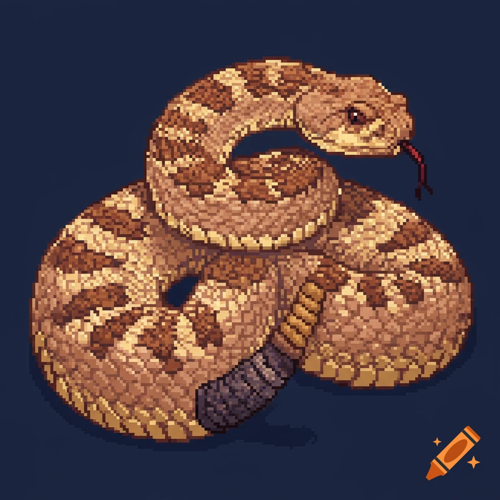 A coiled rattlesnake in pixel art style.