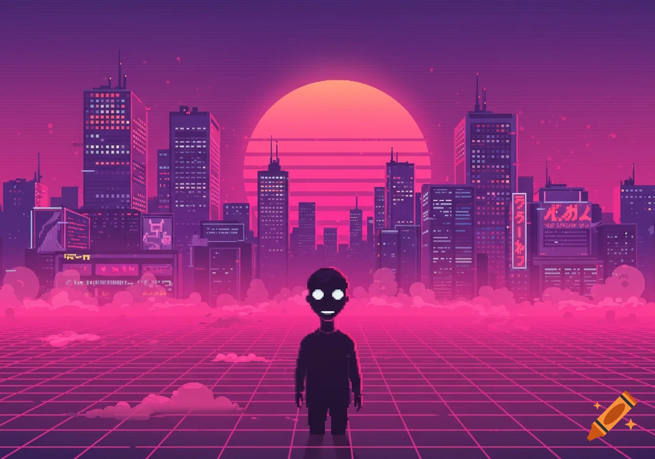 Pixel art vaporwave city landscape with a figure under a sunset.