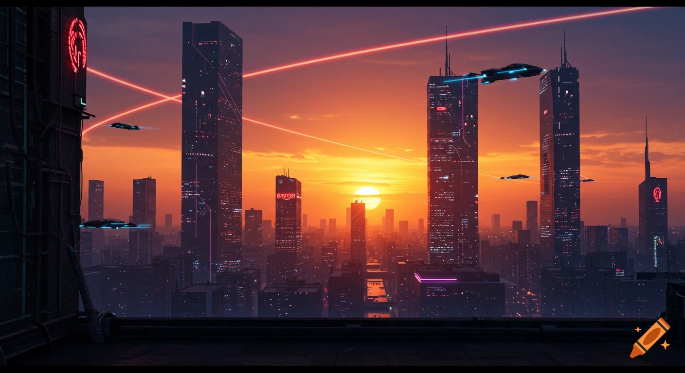 A futuristic city skyline at sunset with glowing skyscrapers, neon ...