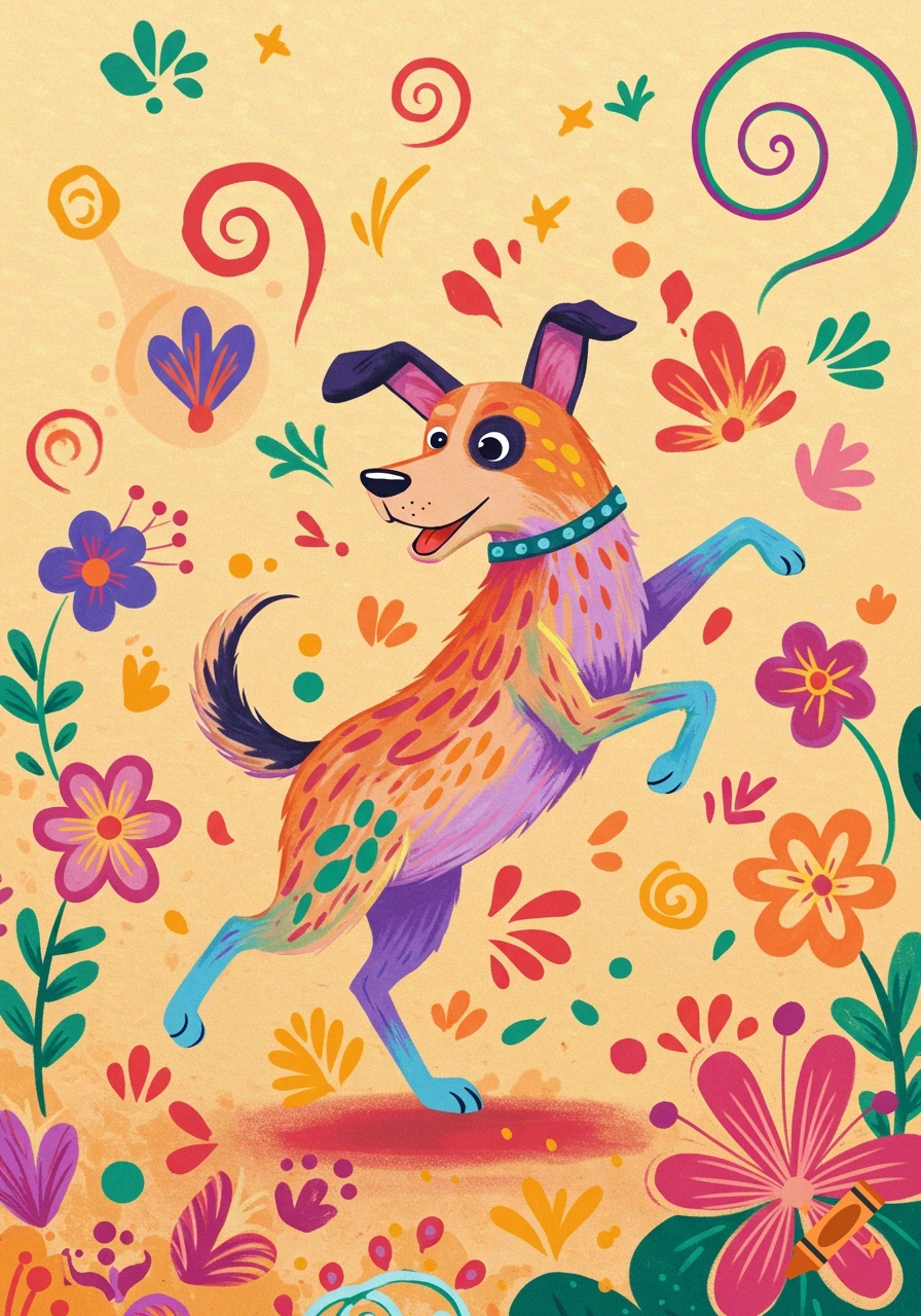 A colorful, stylized dog dances among flowers.