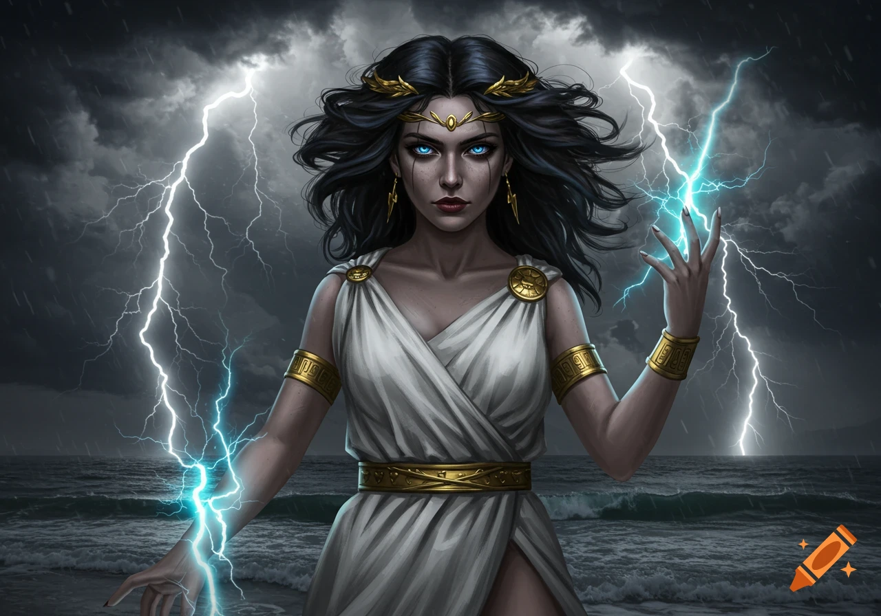 A goddess in a white dress with gold trim holds lightning in her hands against a stormy sky and sea.