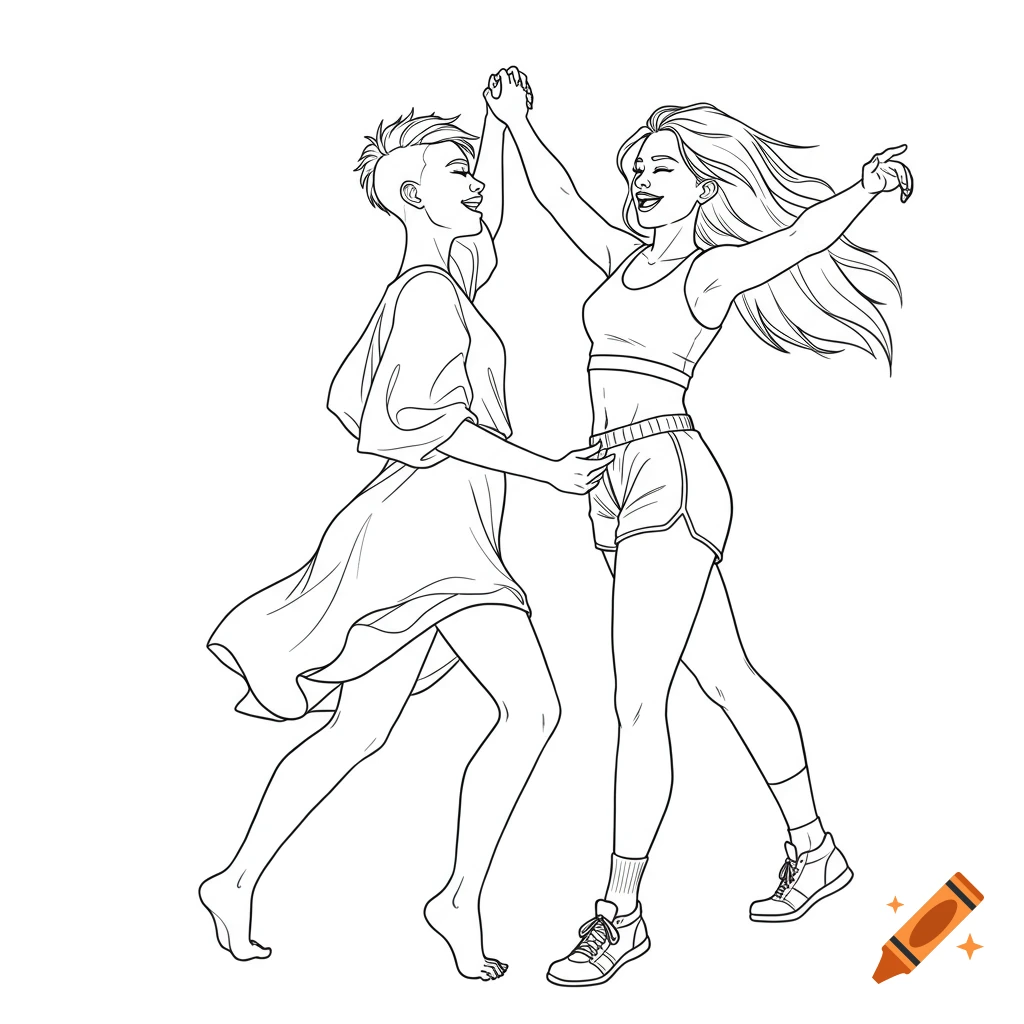 Line art illustration of two women dancing.