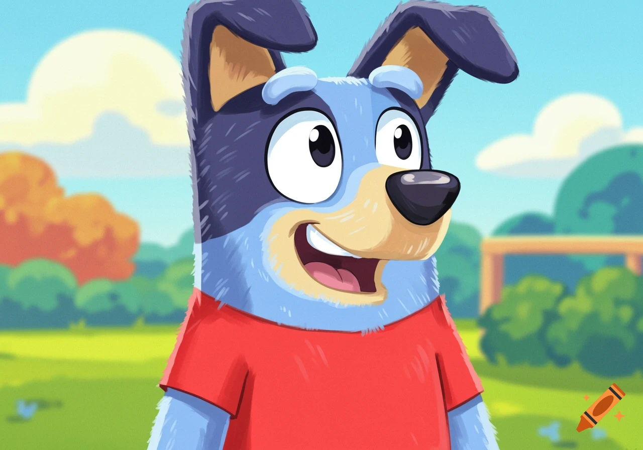 Cartoon blue dog wearing a red shirt smiles outdoors