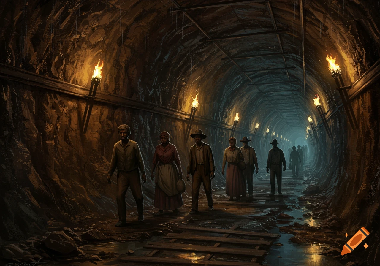 Illustration of people walking through a torch-lit underground tunnel.