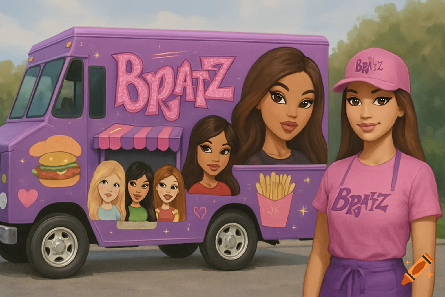 Illustration of a purple Bratz food truck and a woman in a Bratz uniform.