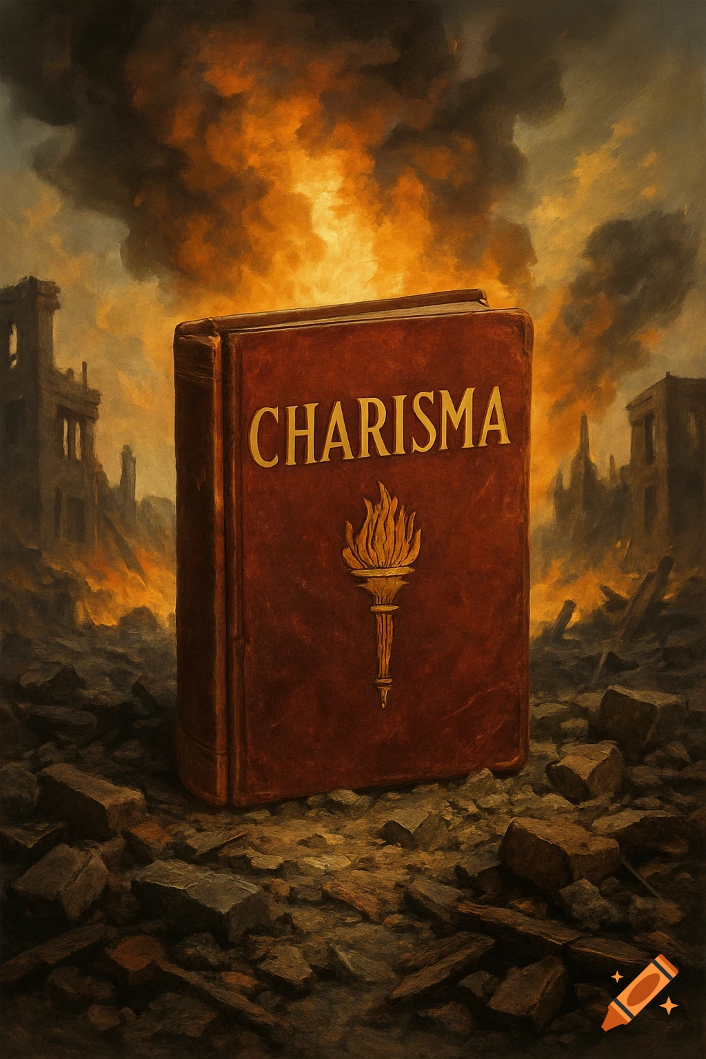 A large book titled "CHARISMA" stands upright in a ruined city landscape with fire and smoke.
