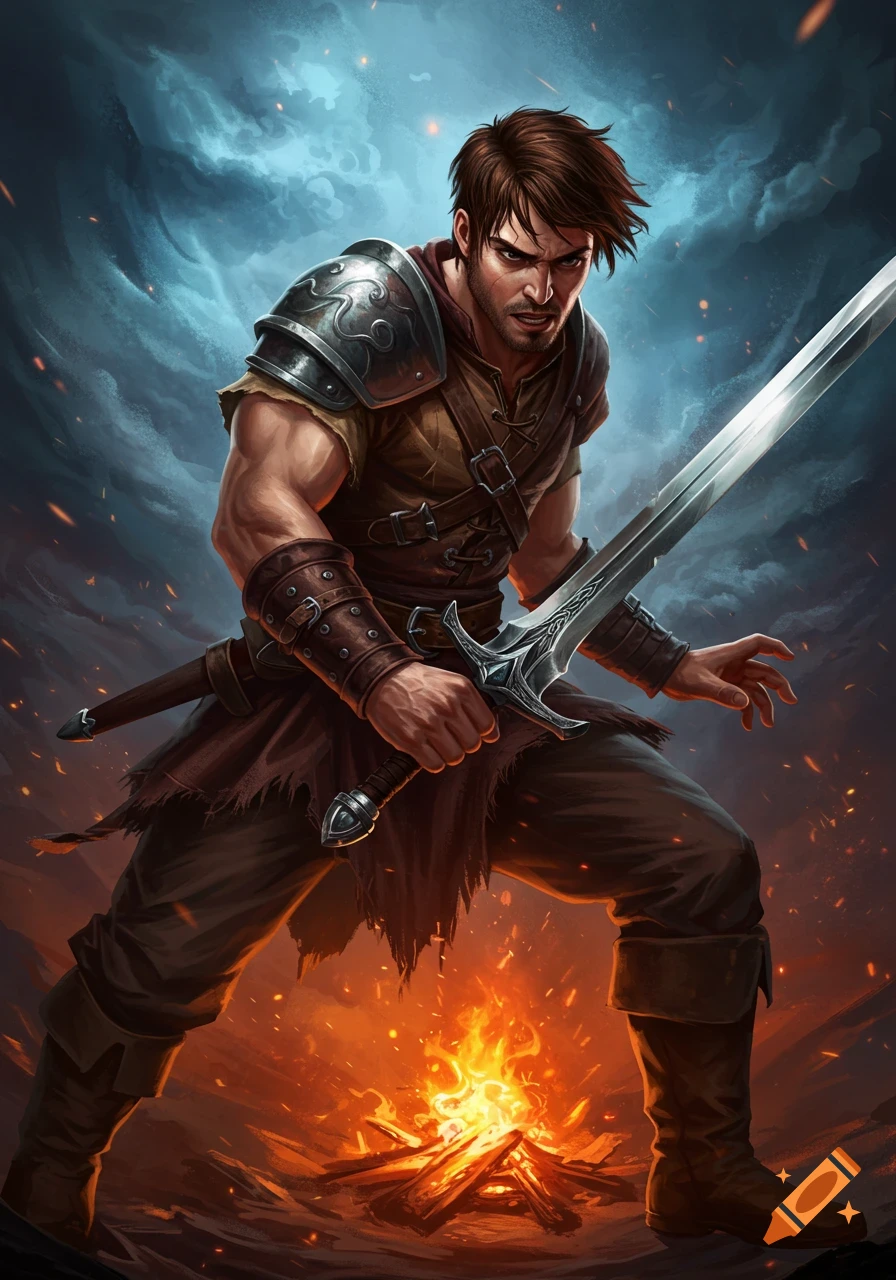Fantasy illustration of a male warrior with a sword standing over a campfire.