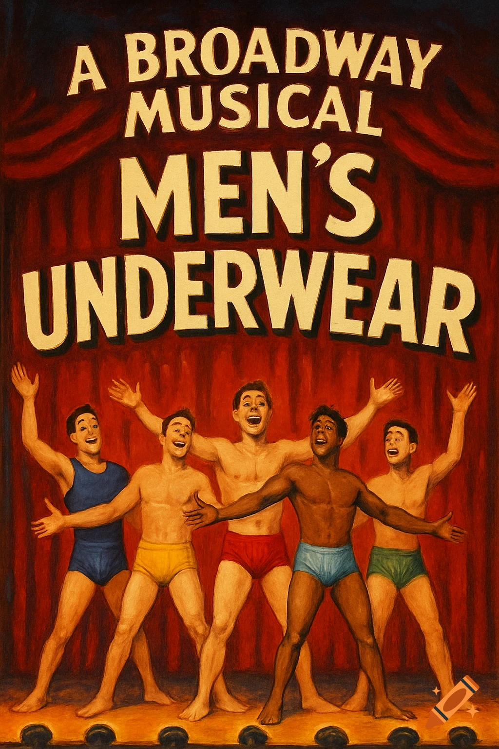 Poster for A Broadway Musical Men's Underwear with five men in underwear on a stage.