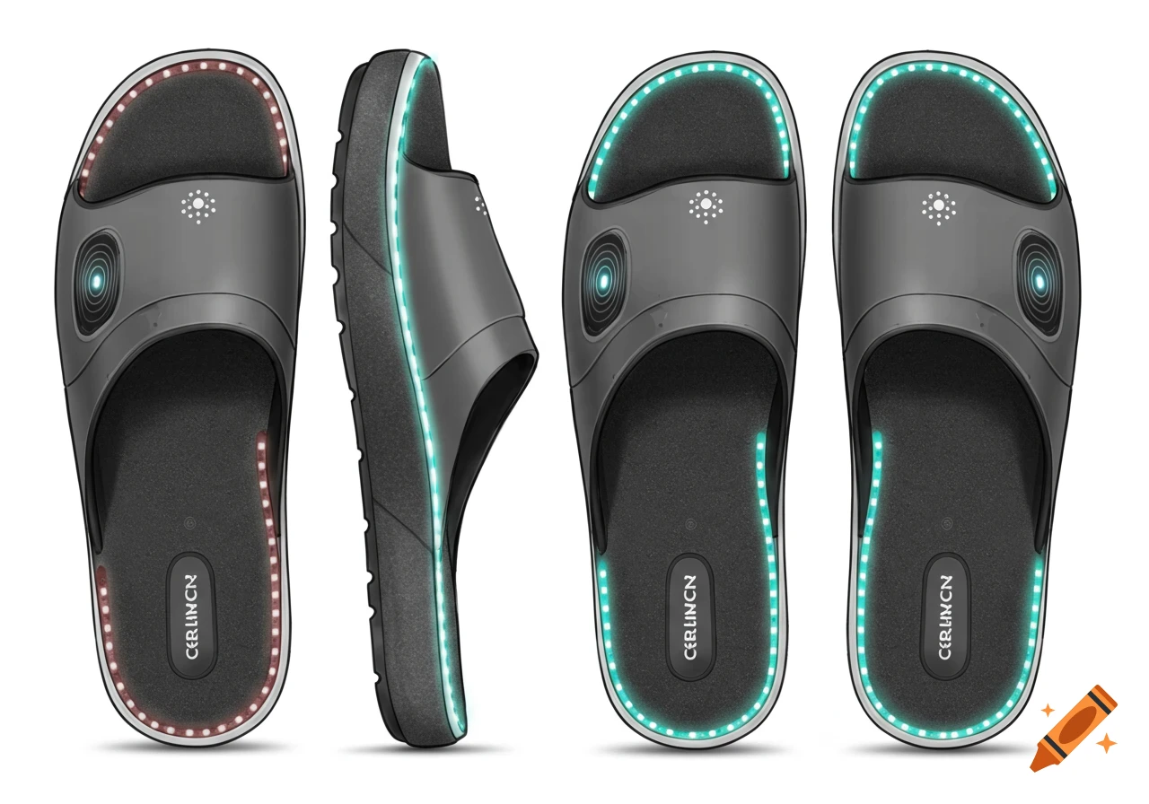 Four views of futuristic smart slippers with LED lights in product design sketch style.