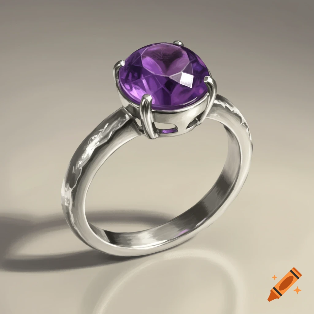 A silver ring with a large purple faceted stone.