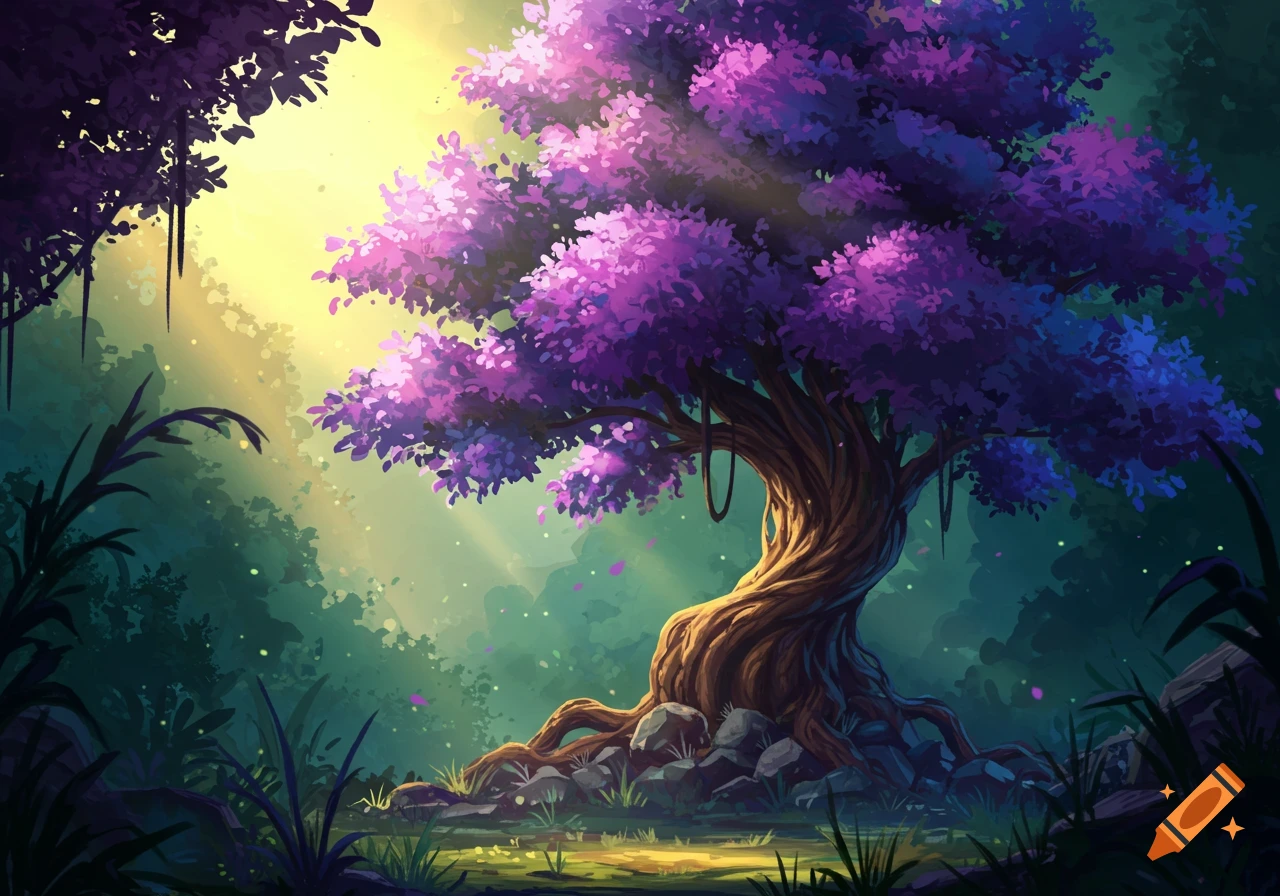 A mystical tree with purple leaves glows in an enchanted forest with rays of sunlight filtering through.