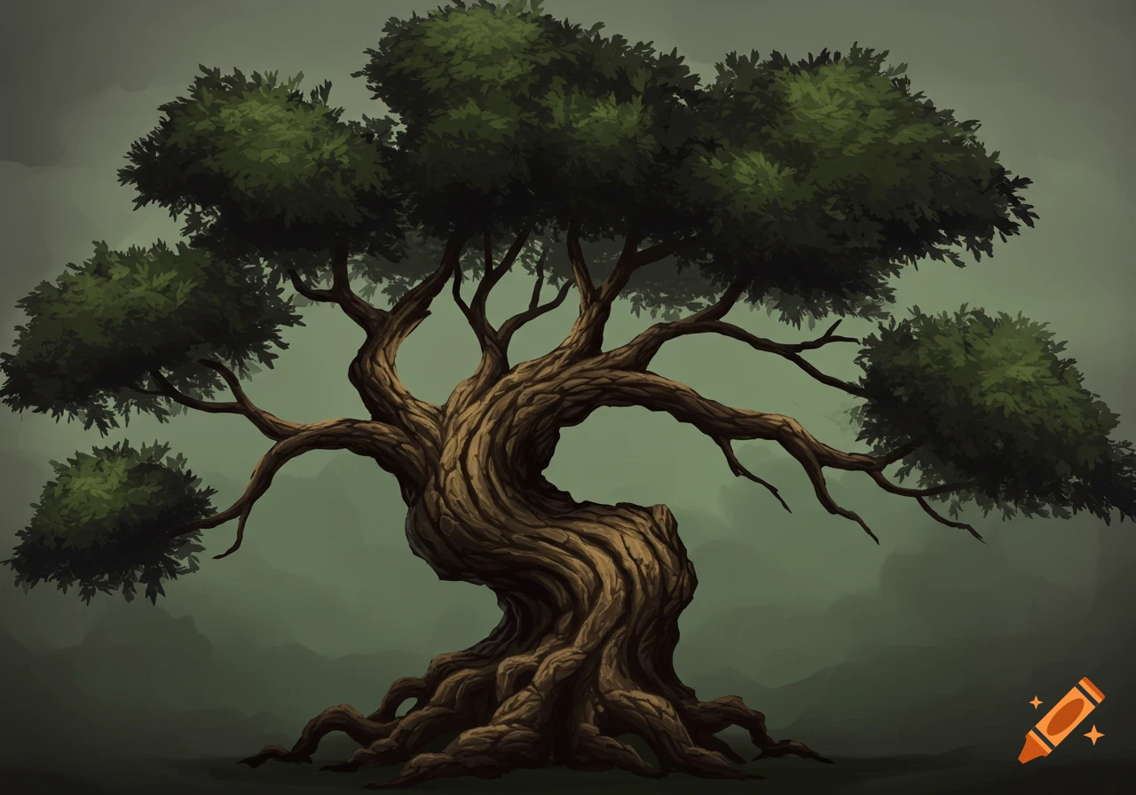 Illustration of a gnarled and twisted tree.
