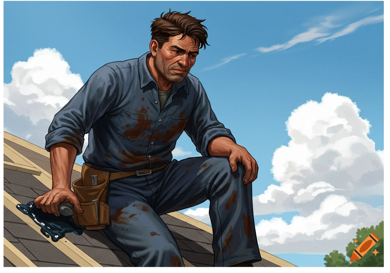 An illustration of a roofer applying sealant to a roof under a cloudy sky.