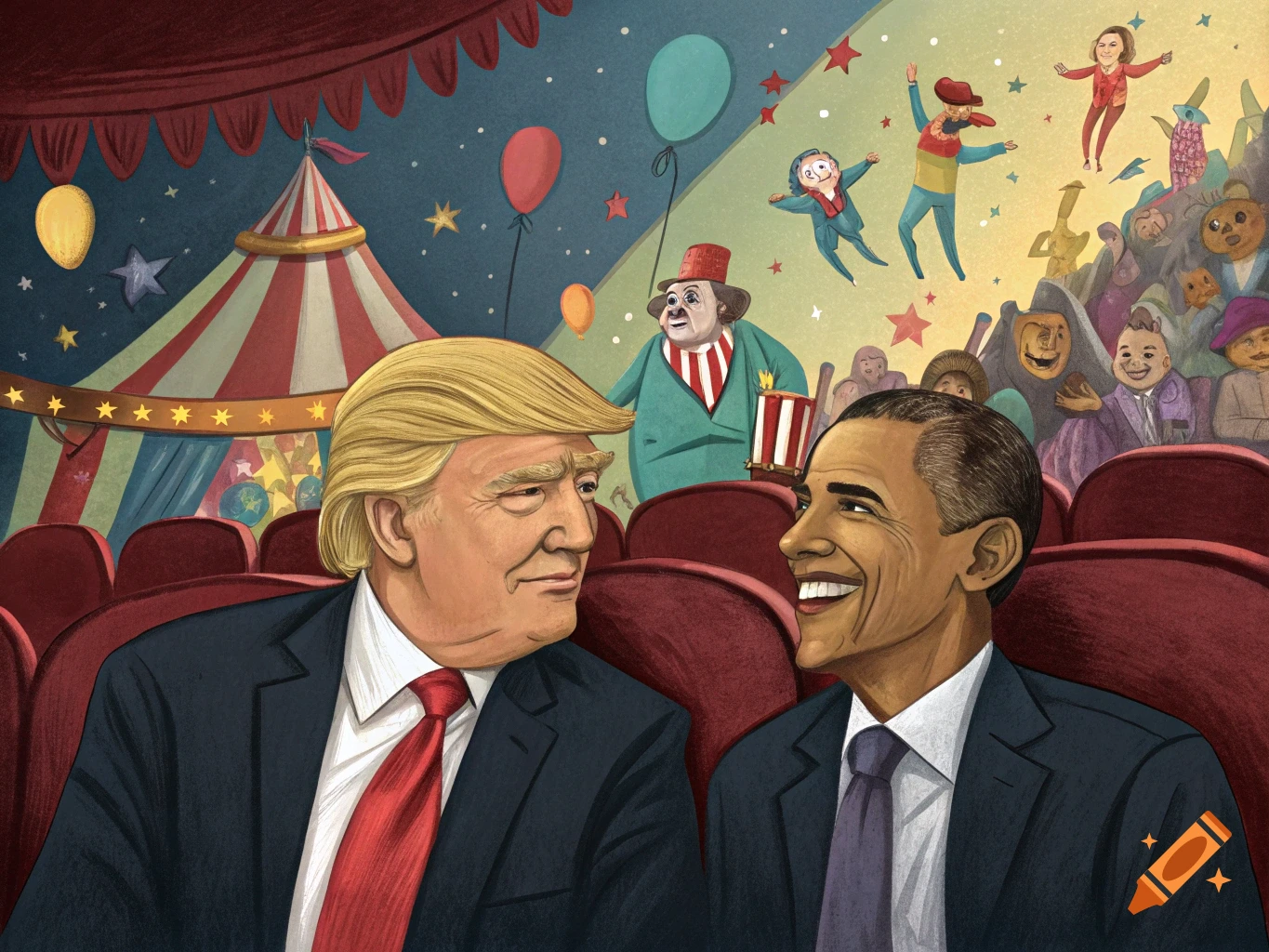 Illustration of Donald Trump and Barack Obama smiling at each other in a circus audience with performers and crowd in background.