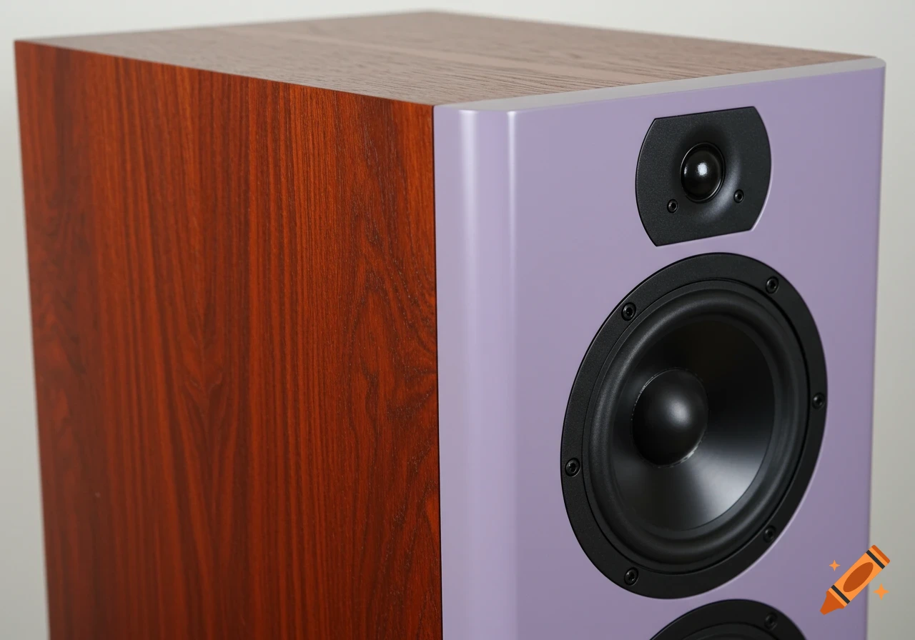Close-up of a bookshelf loudspeaker with cherry wood grain side and purple front with black speakers.