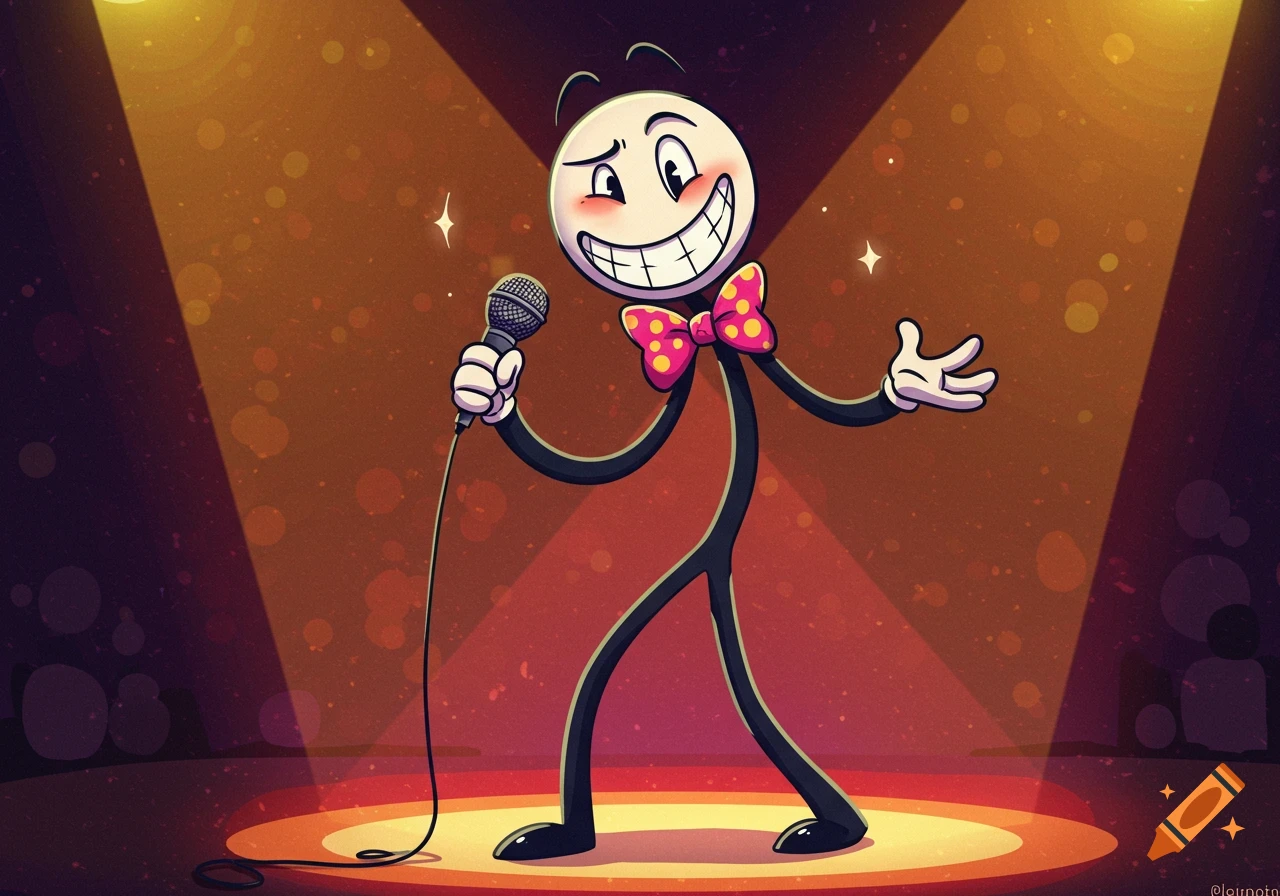 A cartoon stick figure comedian stands on a stage under a spotlight with a microphone.