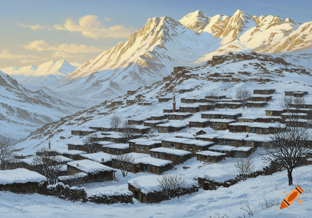 A snowy village nestled in a mountain valley under early morning light, painted in a realistic style.