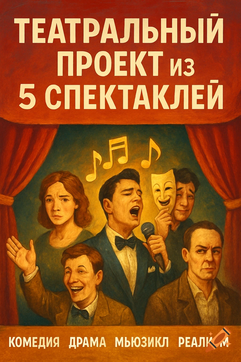 Theatrical poster with people singing, holding masks, and text about a project and genres.