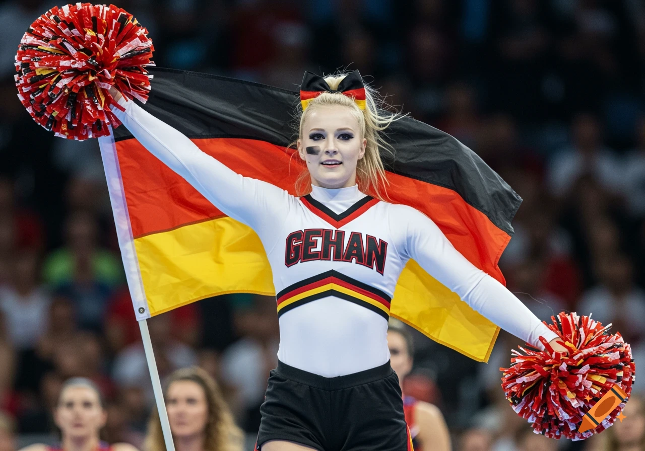 Blonde cheerleader in uniform holds pom-poms and German flag during a performance.