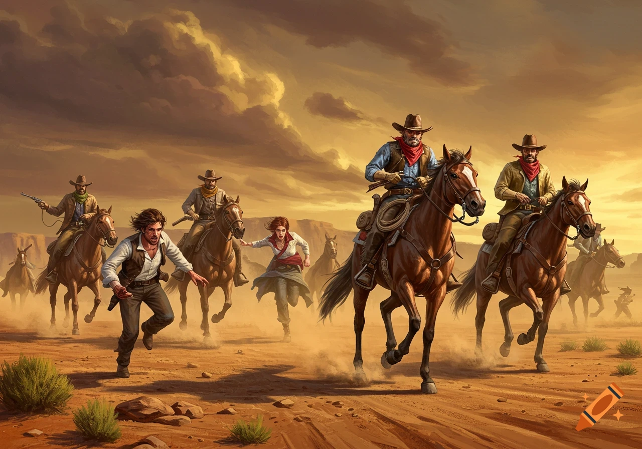 Illustration of cowboys on horseback chasing people across a dusty desert landscape at sunset.