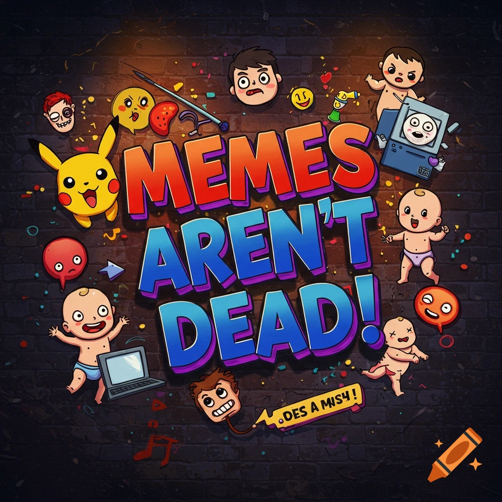 Large stylized text "MEMES AREN'T DEAD!" on a brick wall, surrounded by cartoon characters like Pikachu, babies, and meme faces, with confetti.