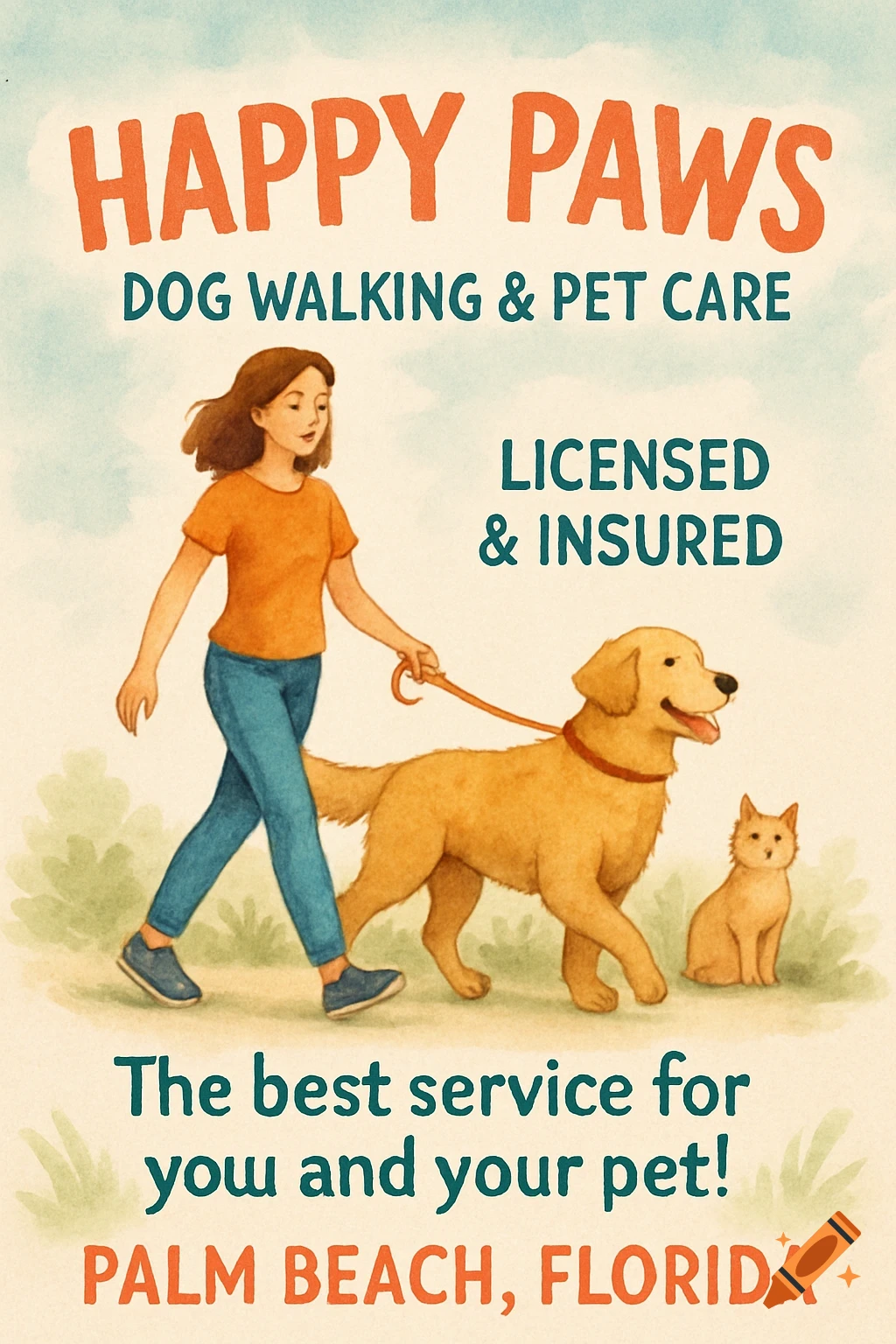 Watercolor illustration of a woman walking a dog with a cat nearby on a flyer for a pet care business.